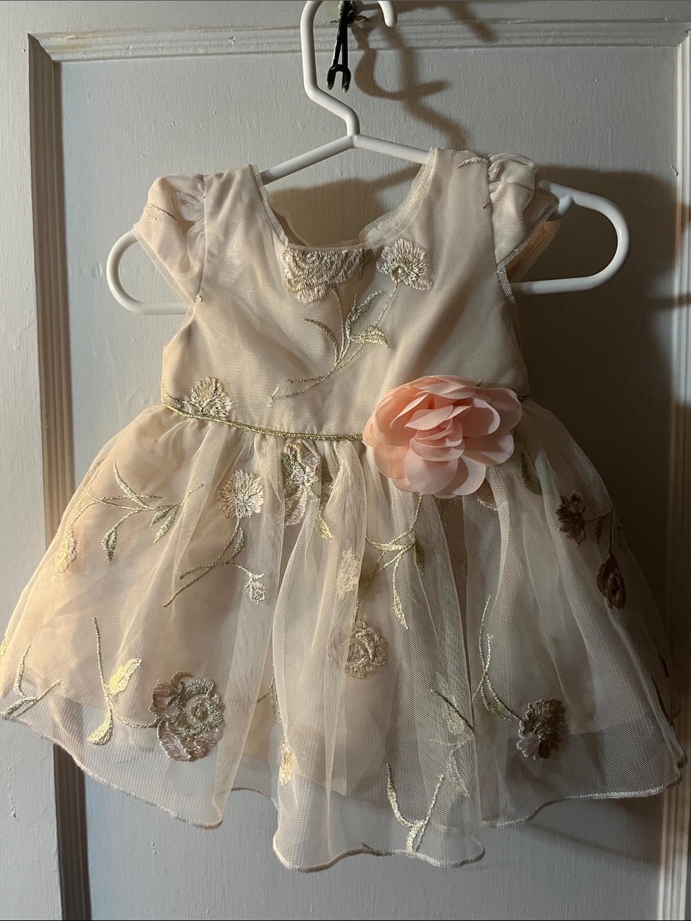 Girls Cream Floral Embroidered Party Dress with Pink Flower